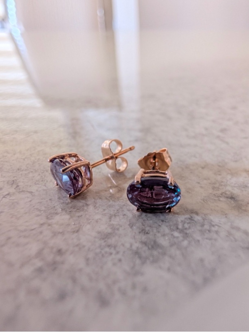 Brand New Created Alexandrite Oval Stud Earrings 14K Rose Gold - Picture 2 of 3